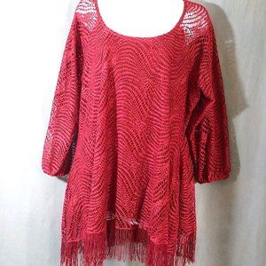 New Directions Merlot Red Layered Shimmer Tunic w/Fringe Plus Size 1X NWT